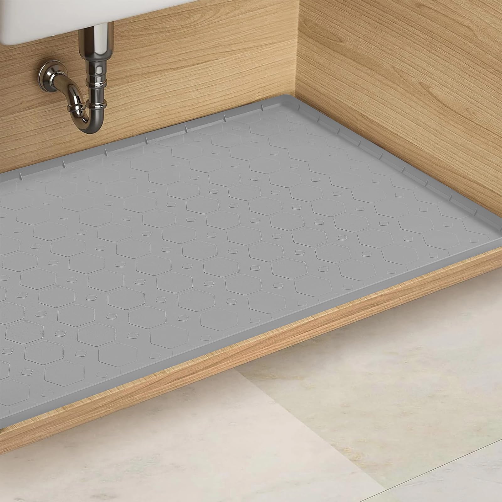Cozyide Waterproof Under Sink Mat 34" x 22" Sink Protectors for Kitchen Sink Organizers and Storage Multifunctional Silicone Mat for Bathroom Garden Pet Feeding Light Gray