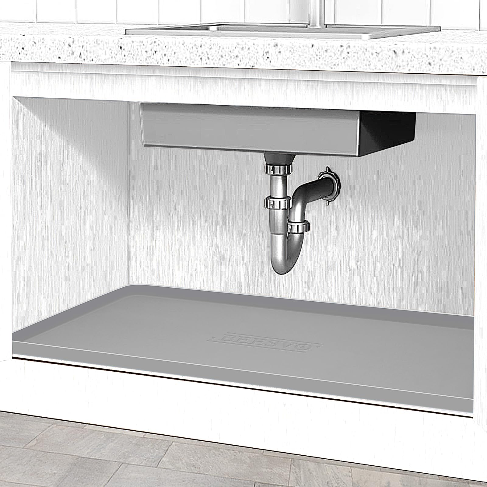 BEESVO Under Sink Mat for Kitchen Waterproof 34" x 19" Silicone Under Sink Liner Kitchen & Bathroom Cabinet Protector Mats Heavy Duty Flexible Under Sink Drip Tray with Lip Cool Grey