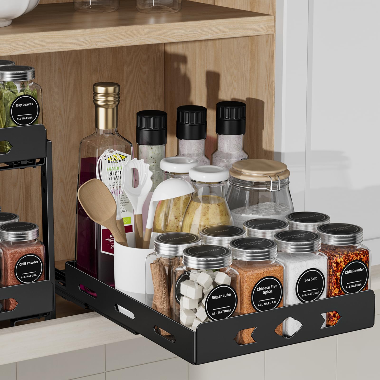 BOIVSHI Pull Out Spice Rack Organizer for Cabinet Heavy Duty-Slide Out Spice Rack Vertical Spice Rack for Kitchen Cabinet and Pantry (8.4Wx10.5Dx2.8H Metal Black)