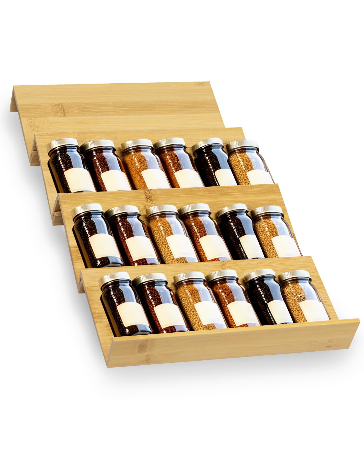 WodGod Bamboo Spice Rack For Drawer 4 Tier Stackable Seasoning Storage Organizer Insertfor Kitchen Condiments Storage Insert(Jars Not Included9.4" Wide×18.9" Deep×1.8" High